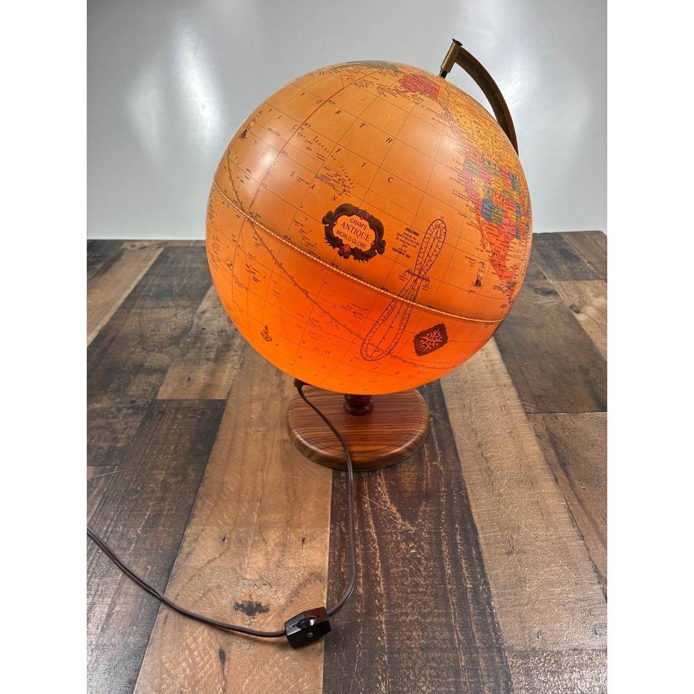 Cram Antique World Globe Illuminated Light Up Desk Lamp Wood Base Made in USA